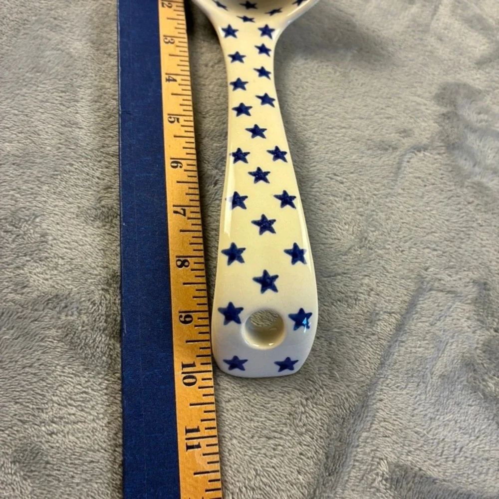 Poland Hand Made Polish Pottery Ladle Blue Rose Pattern Pour Spout 9.5in